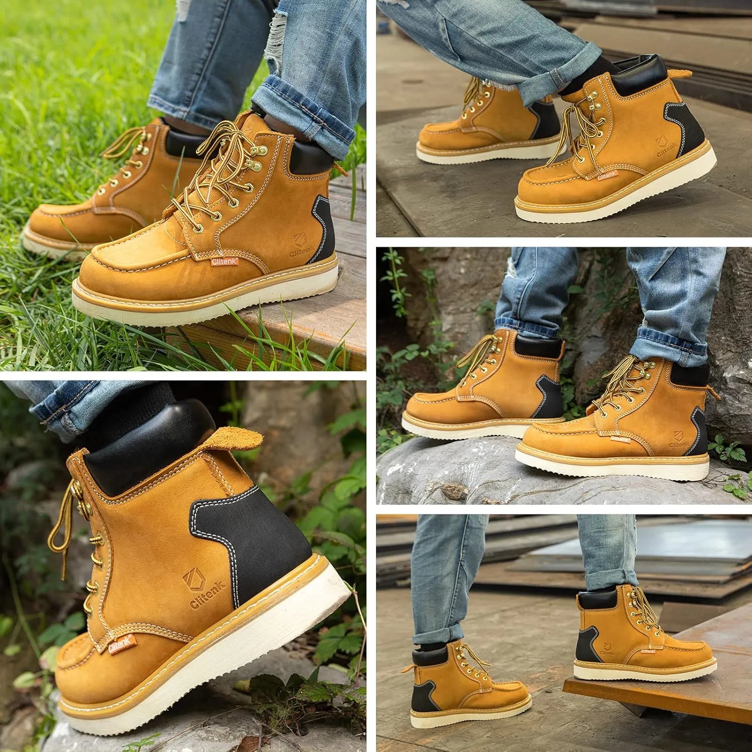 Work Boots Men MOC TOE, Soft Toe 6” Full Grain Leather Breathable Water Resistant, Non Slip Wedge Comfortable Mens Work Boots Lightweight