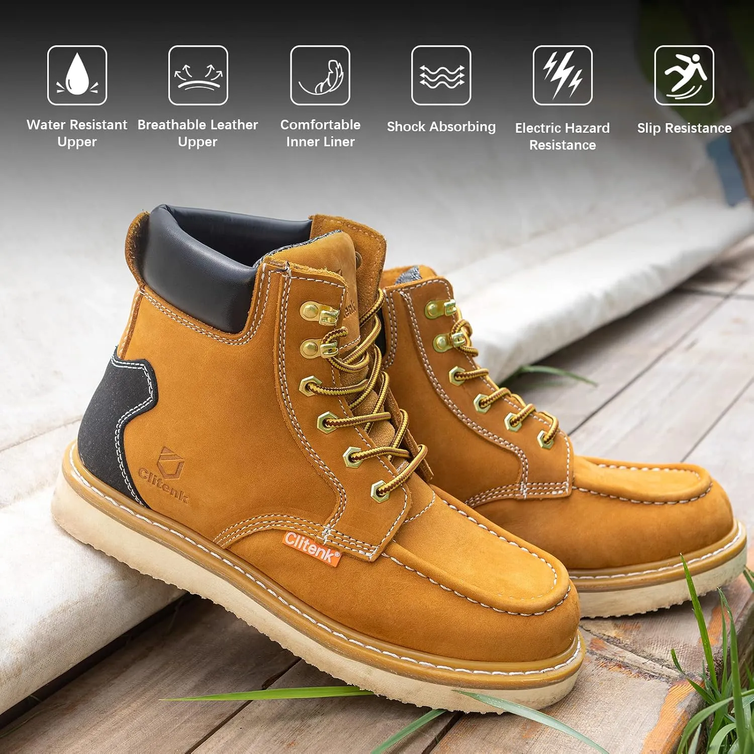 Work Boots Men MOC TOE, Soft Toe 6” Full Grain Leather Breathable Water Resistant, Non Slip Wedge Comfortable Mens Work Boots Lightweight