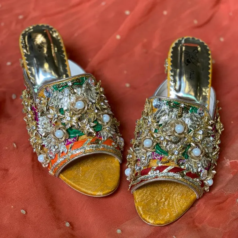 Yellow Fancy Block Heel Slipper