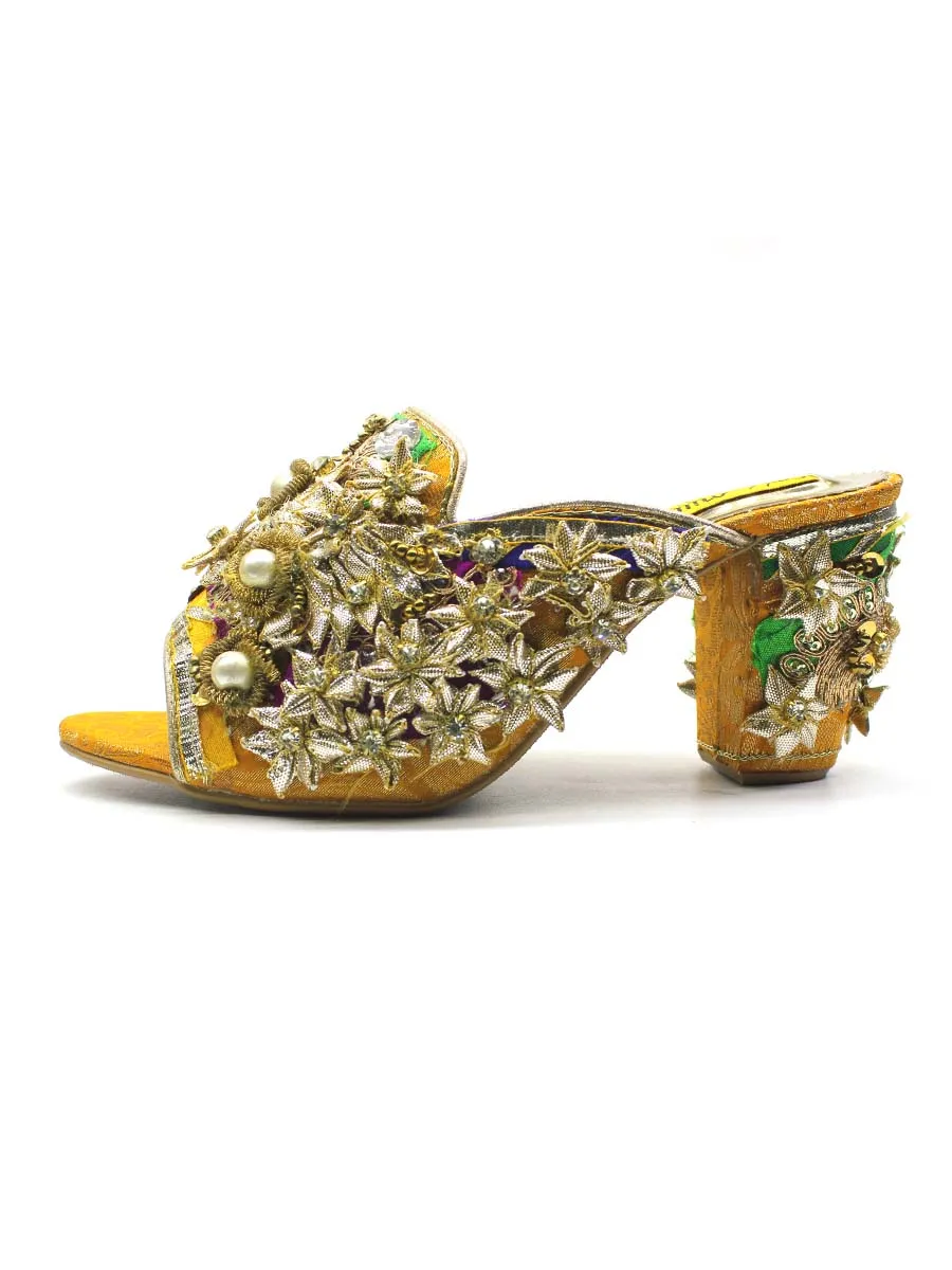 Yellow Fancy Block Heel Slipper