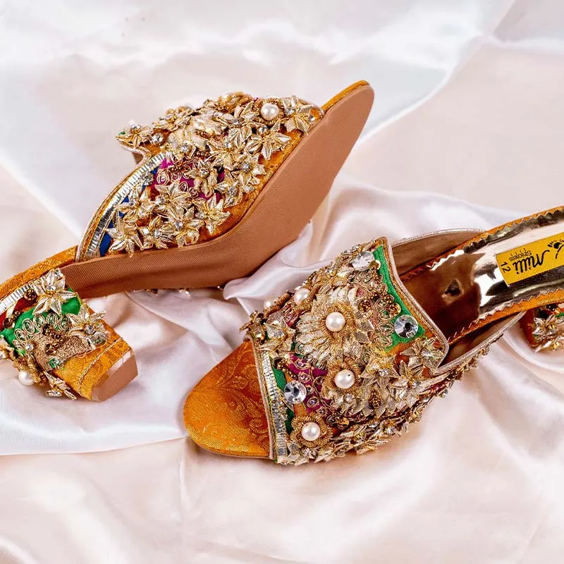 Yellow Fancy Block Heel Slipper