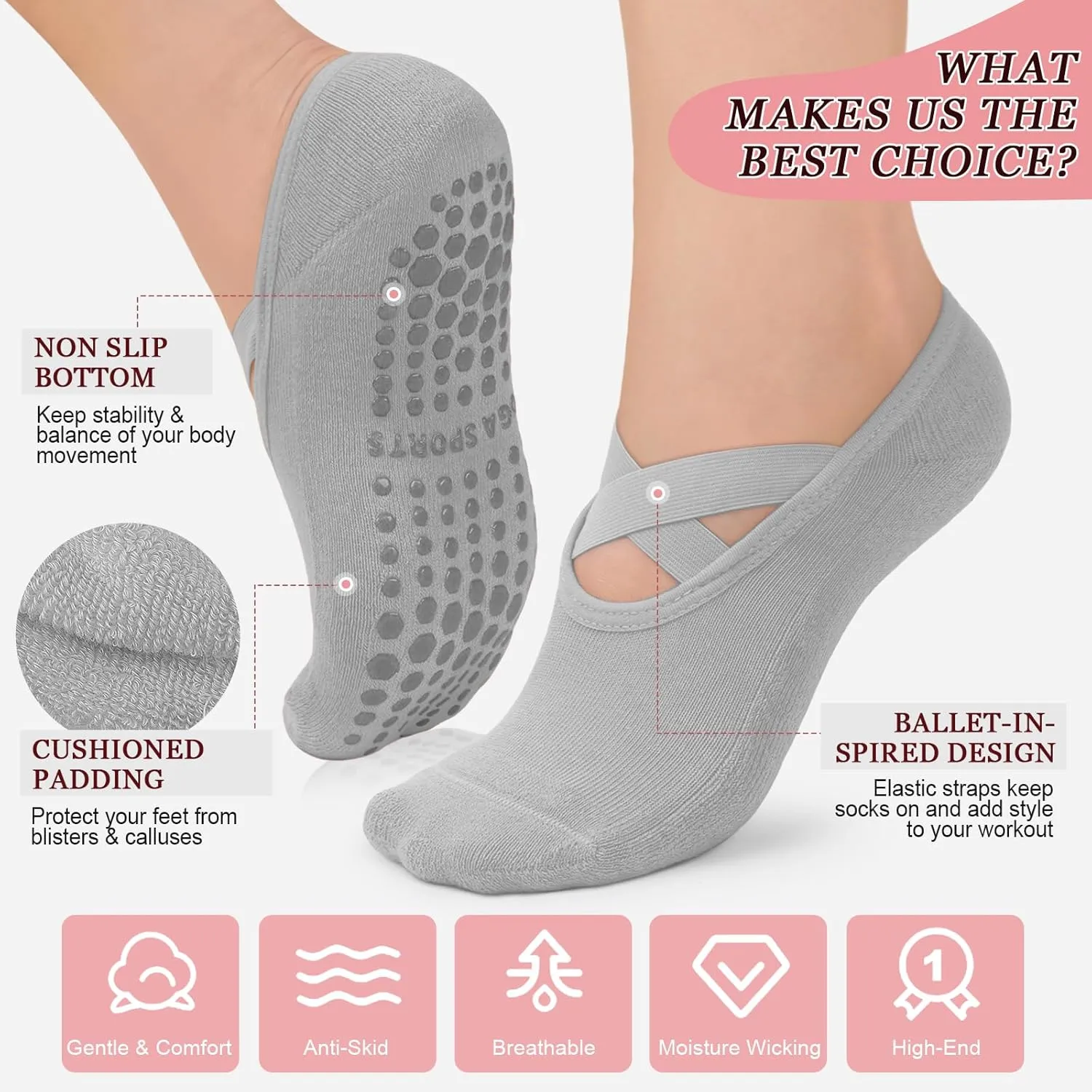 YeuG 4/6 Pairs Pilates Socks for Women - Non Slip Grip Socks for Yoga, Barre, Hospital, Barefoot
