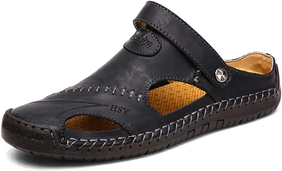 YING LAN Men's Casual Leather Fashion Sandals Closed Toe Outdoor Fisherman Hiking Shoes Lightweight Summer Water Shoes