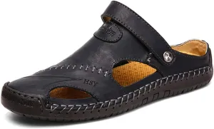 YING LAN Men's Casual Leather Fashion Sandals Closed Toe Outdoor Fisherman Hiking Shoes Lightweight Summer Water Shoes