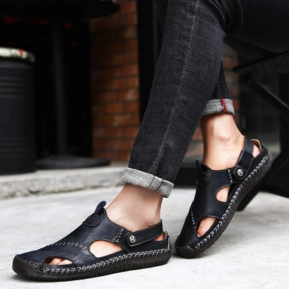 YING LAN Men's Casual Leather Fashion Sandals Closed Toe Outdoor Fisherman Hiking Shoes Lightweight Summer Water Shoes