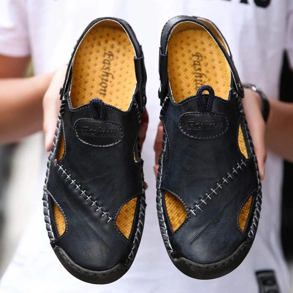YING LAN Men's Casual Leather Fashion Sandals Closed Toe Outdoor Fisherman Hiking Shoes Lightweight Summer Water Shoes