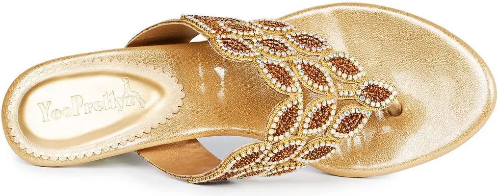 YooPrettyz Women Summer Rhinestone Thong Strap Sandals Slid Gold Chunky Low Heels