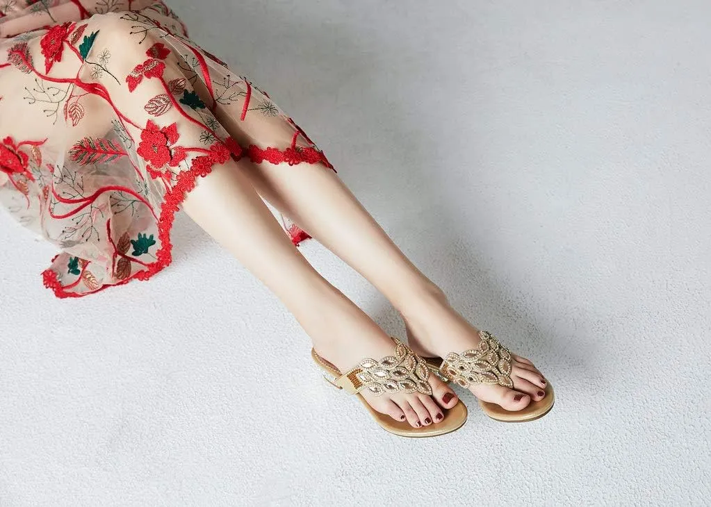 YooPrettyz Women Summer Rhinestone Thong Strap Sandals Slid Gold Chunky Low Heels
