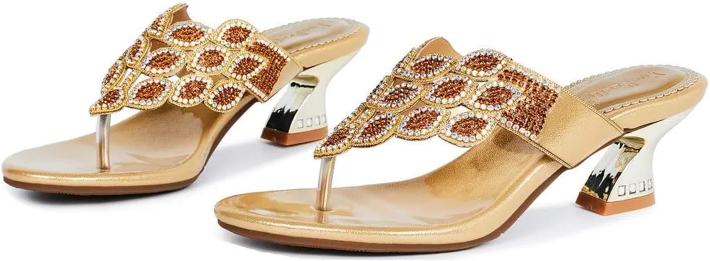 YooPrettyz Women Summer Rhinestone Thong Strap Sandals Slid Gold Chunky Low Heels