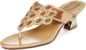 YooPrettyz Women Summer Rhinestone Thong Strap Sandals Slid Gold Chunky Low Heels