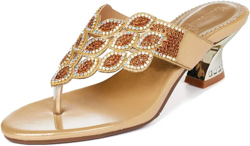 YooPrettyz Women Summer Rhinestone Thong Strap Sandals Slid Gold Chunky Low Heels