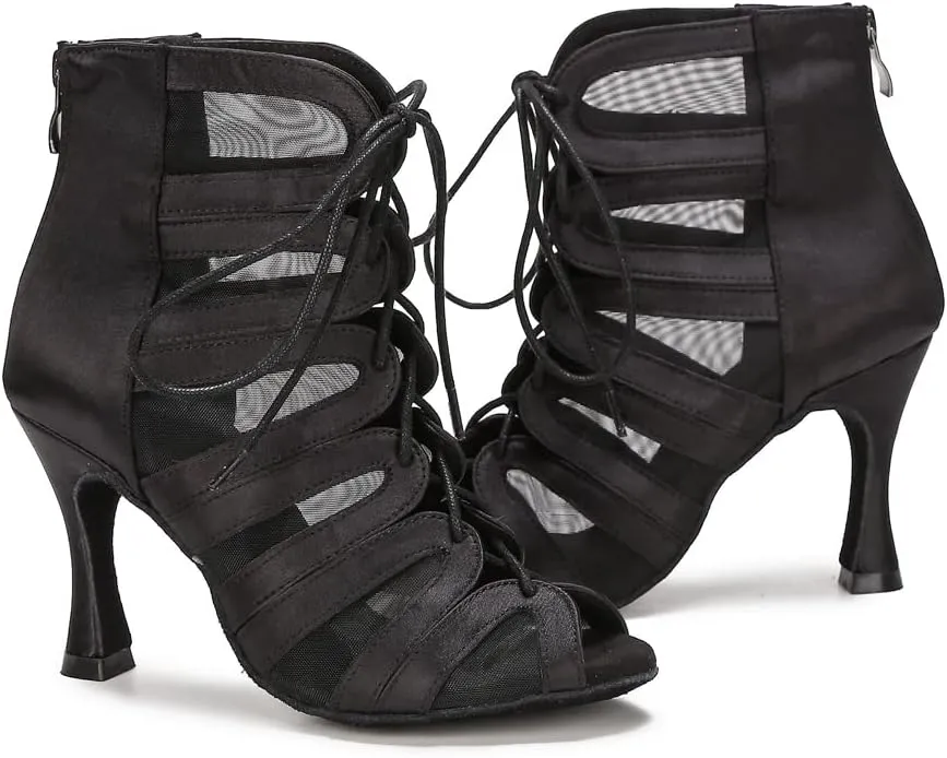 YYTing Women Ballroom Dance Boots Latin Salsa Dress Shoes Performance Practice Footwear 3.5 inch Heels