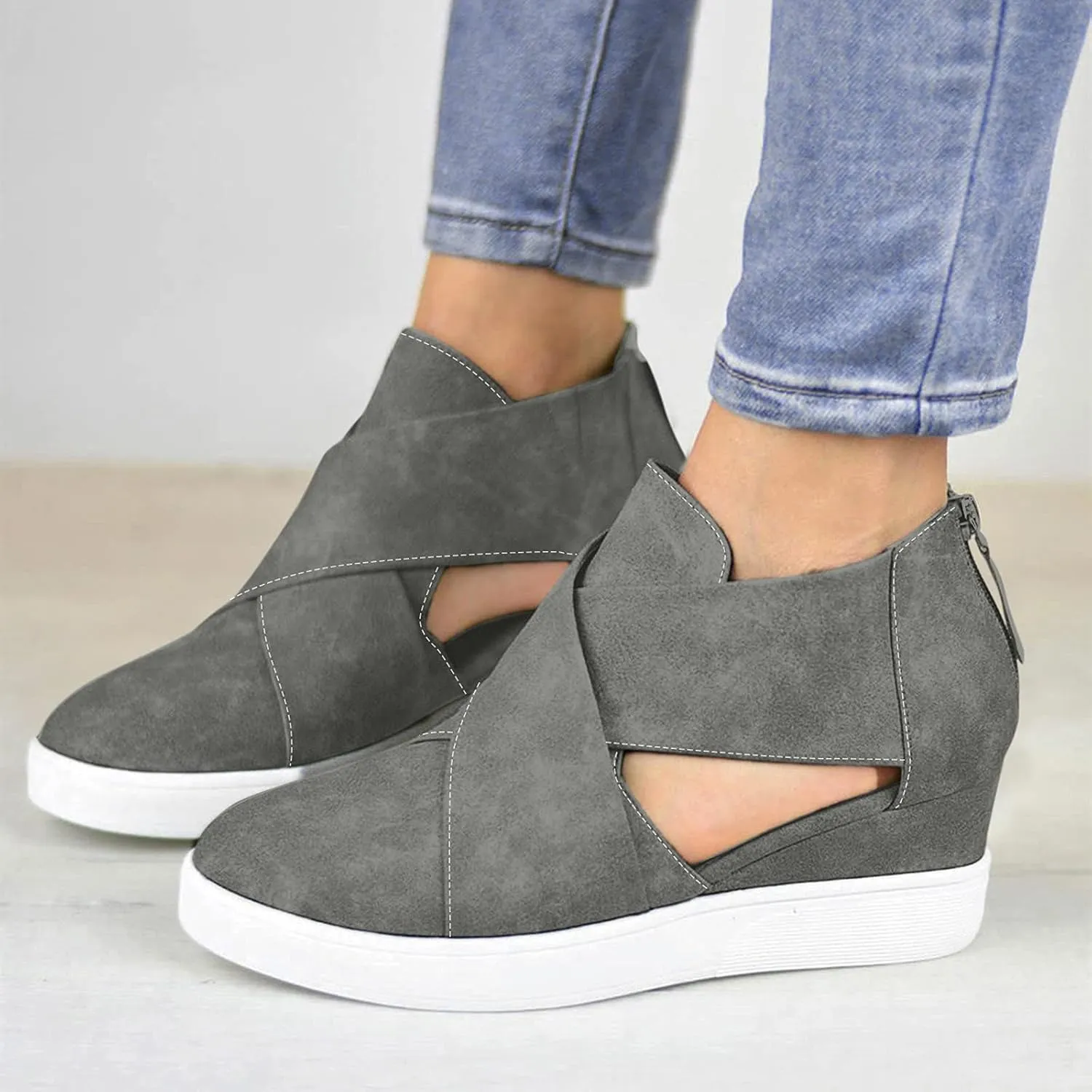 ZBYY Women's Wedge Sneakers Criss Cross Platform Sneakers Hidden Cut Out Wedge Sneaker Closed Toe Slip-on Summer Sandals