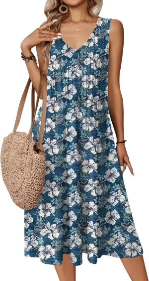 Zeagoo Women Summer Casual Dress 2025 Sleeveless Midi Swing Tank Sundress with Pockets V Neck A Line Pleated Tshirt Dress