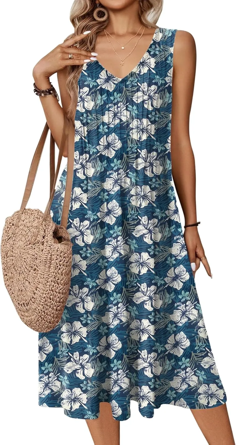 Zeagoo Women Summer Casual Dress 2025 Sleeveless Midi Swing Tank Sundress with Pockets V Neck A Line Pleated Tshirt Dress