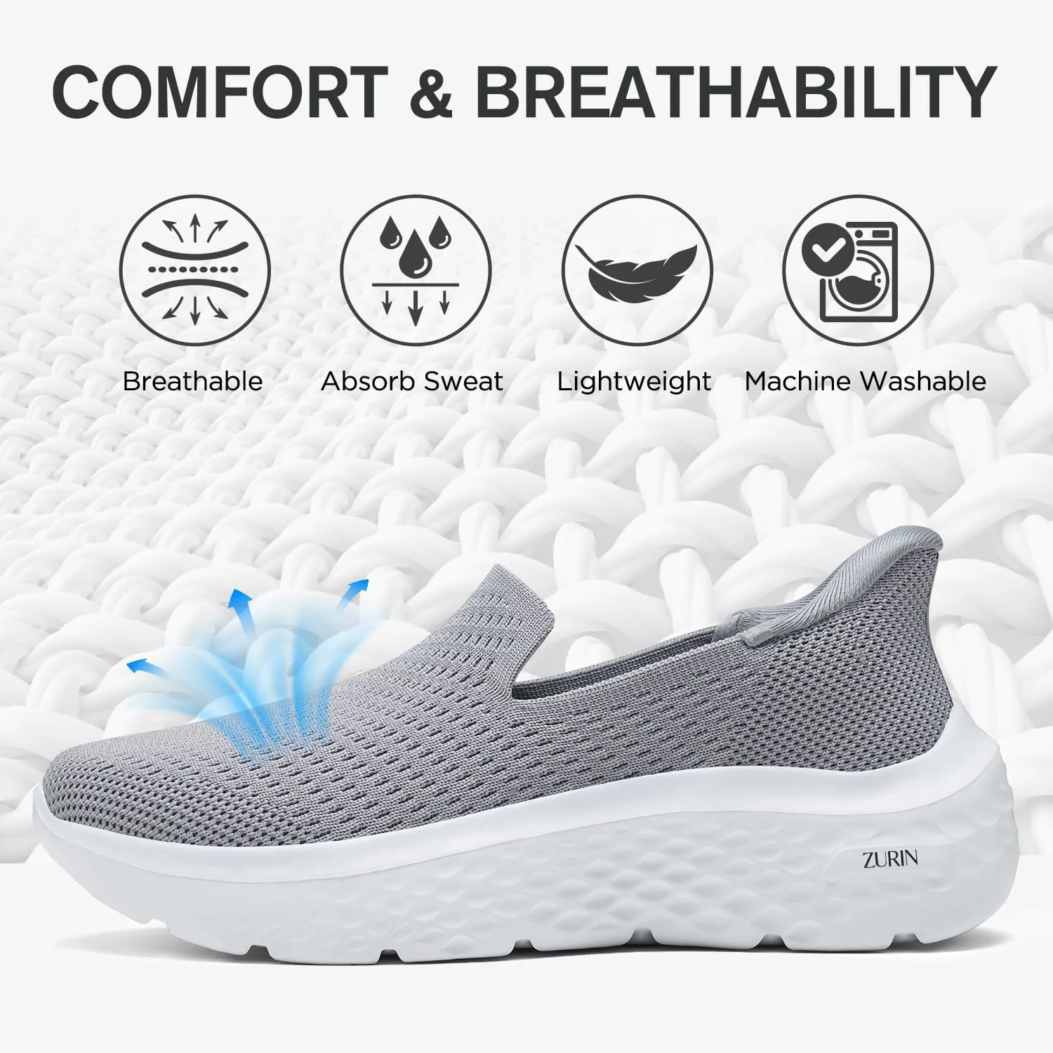 ZURIN Womens Slip On Walking Shoes with Arch Support,Lightweight No Lace Sneakers,Non Slip Breathable Tennis Shoes