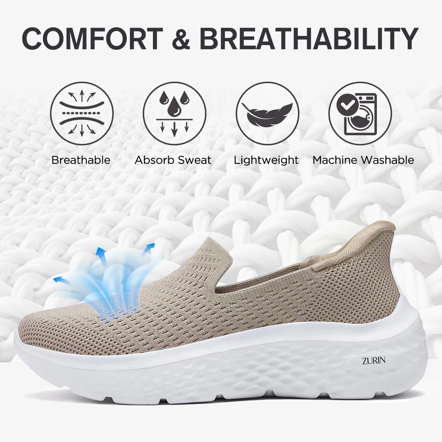ZURIN Womens Slip On Walking Shoes with Arch Support,Lightweight No Lace Sneakers,Non Slip Breathable Tennis Shoes